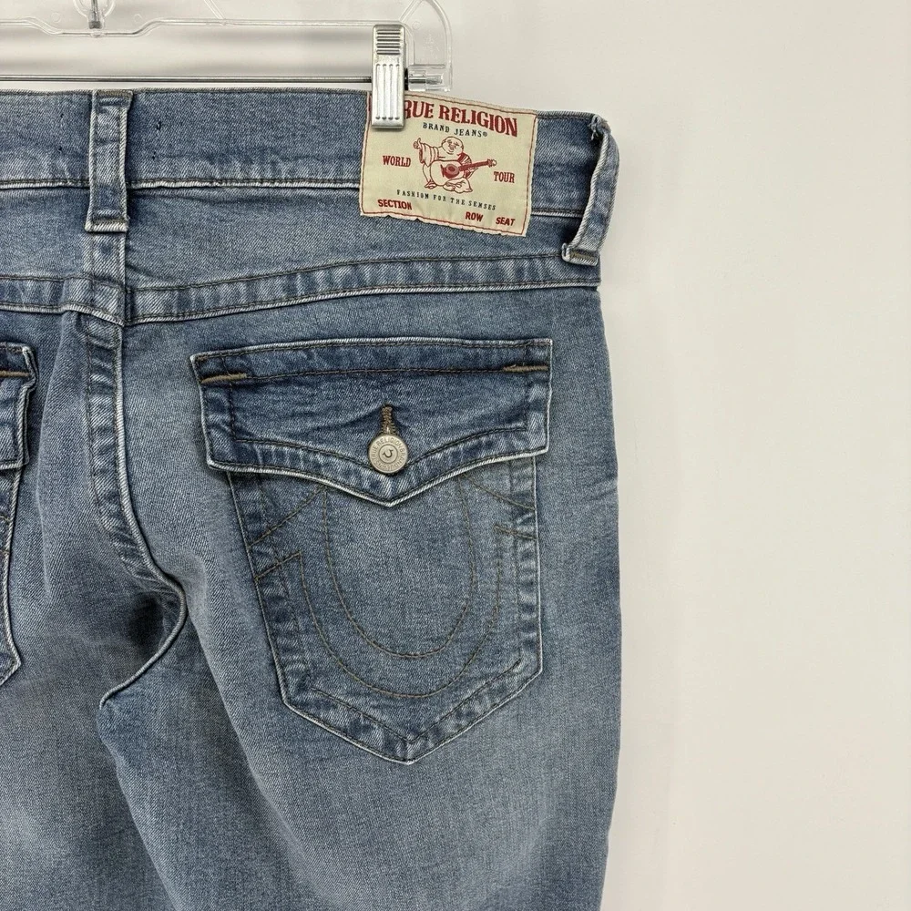 New True Religion Geno Relaxed Slim Jeans Men 36X34 Distressed Big T Flap Pocket